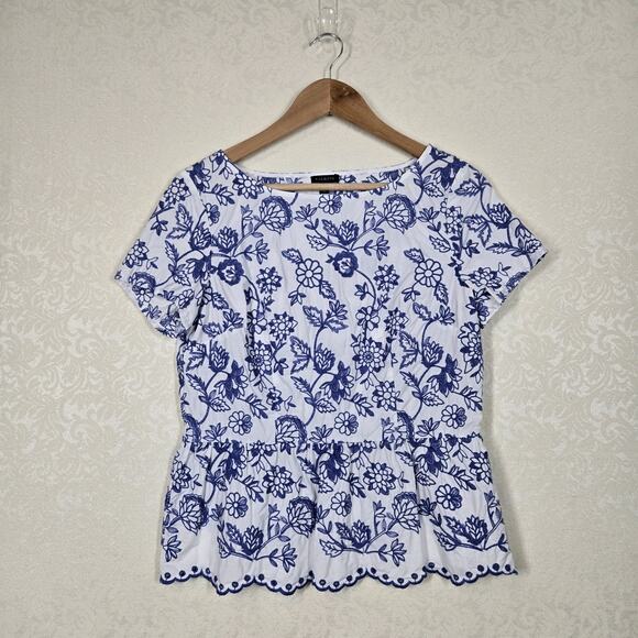 Talbots Top sz 6 Blue White Floral Embroidered 100% Cotton Scalloped Peplum Hem - Picture 14 of 14
